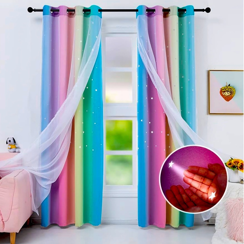 Rainbow Curtains With Colorful Star Cut-Out And Room Darkening - Picture 7 of 10